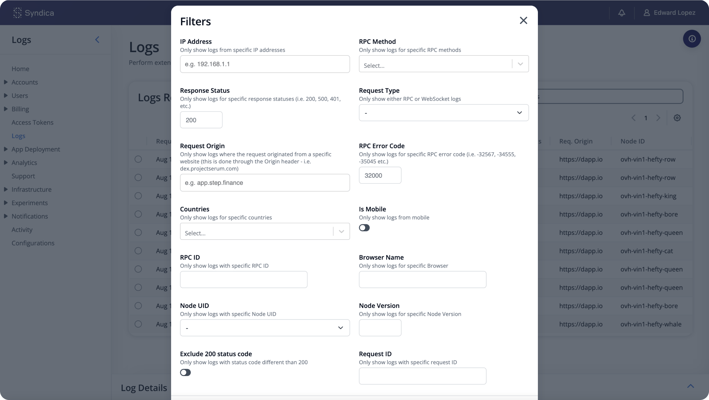 Search logs with syndica